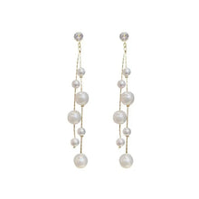 Load image into Gallery viewer, Ladies Gold Plated Simulated Pearl Double Beads Long Dangle Stud Earrings