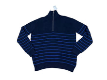 Load image into Gallery viewer, Mens Navy & Blue Stripes Rib Organic Cotton High Neck Half Zip Longsleeve Jumper