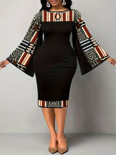 Load image into Gallery viewer, Ladies Elegant Black Geometric Print Cut out Bell Sleeve Dress