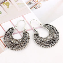 Load image into Gallery viewer, Ladies Silver Bohemian Retro Floral Cutout Round Wheel Dangle Earrings