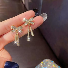 Load image into Gallery viewer, Ladies Gold Plated Sparkling Rhinestone Bowknot Tassel Drop Stud Earrings