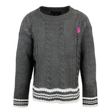 Load image into Gallery viewer, Girls Grey Polo ASSN Cable Knit Cotton Rich White Stripe Jumper
