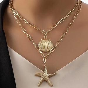Ladies Gold Plated 2 Layers Starfish Shell Pendants Link Chain Necklace