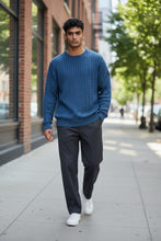 Load image into Gallery viewer, Mens Blue Ribbed Crew Neck Cotton Rich Knit Longsleeve Jumper