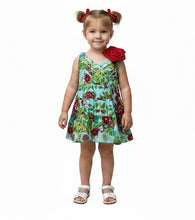 Load image into Gallery viewer, Girls Lime Green Multi Floral Bow Detail Sleeveless Dress. 1-2years