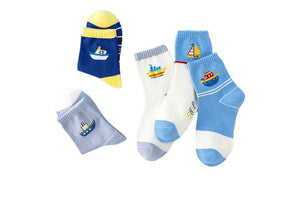 Boys Blue Soft Stripe Sailboat Print 5 Pairs Ankle Socks 4-8y