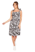 Load image into Gallery viewer, Ladies Black &amp; White Floral Gathered Bodice Cotton Blend Dress
