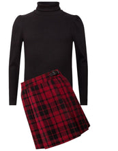 Load image into Gallery viewer, Girls Ribbed High Neck Long Sleeve Top With Plaid Tweed Pleated Skirt Outfit Set