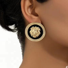 Load image into Gallery viewer, Ladies Lion Head Gold Plated Round Drop Stud Earrings