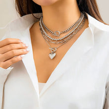 Load image into Gallery viewer, Ladies Silver 4 Tier Multi Layer Beaded Heart Pendant Cuban Link Choker Necklace
