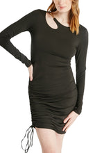 Load image into Gallery viewer, Ladies Black Chain Shoulder Detail Tie Gathered Side Bodycon Dress
