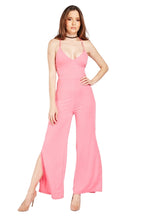 Load image into Gallery viewer, Ladies Fuchsia Lace Up Tie Back Wide Slit Side Leg Jumpsuit