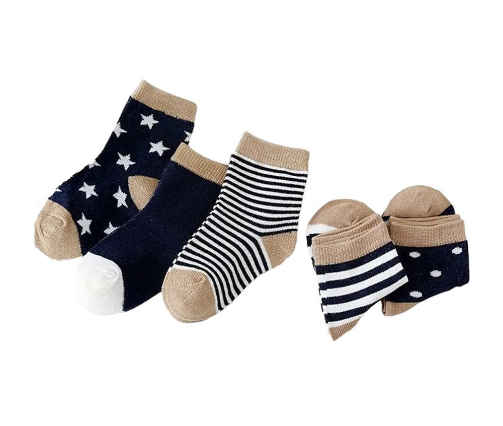 Boys Navy & Brown Kids Soft Stretchy Stripe Dot Star 5PK Socks