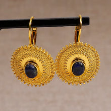 Load image into Gallery viewer, Ladies Gold Plated Round Patterned Blue Lapis Lazuli Leverback Earrings