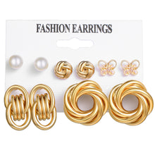 Load image into Gallery viewer, Ladies Gold Plated Twirl Cutout Butterfly Hoop Faux Pearl 5 Pair Earrings