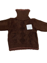 Load image into Gallery viewer, Girls Brown Cable Knit Beaded Ribbed Roll Up Jumper