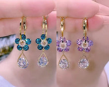 Load image into Gallery viewer, Ladies Purple Blue Crystal Flower Waterdrop Dangle Earrings
