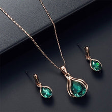 Load image into Gallery viewer, Ladies Gold Water Drop Green Rhinestone Earrings Pendant Chain Necklace Set