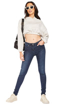 Load image into Gallery viewer, Ladies Dark Denim Blue Cotton Black Side Stripe Mid Waist Jeans