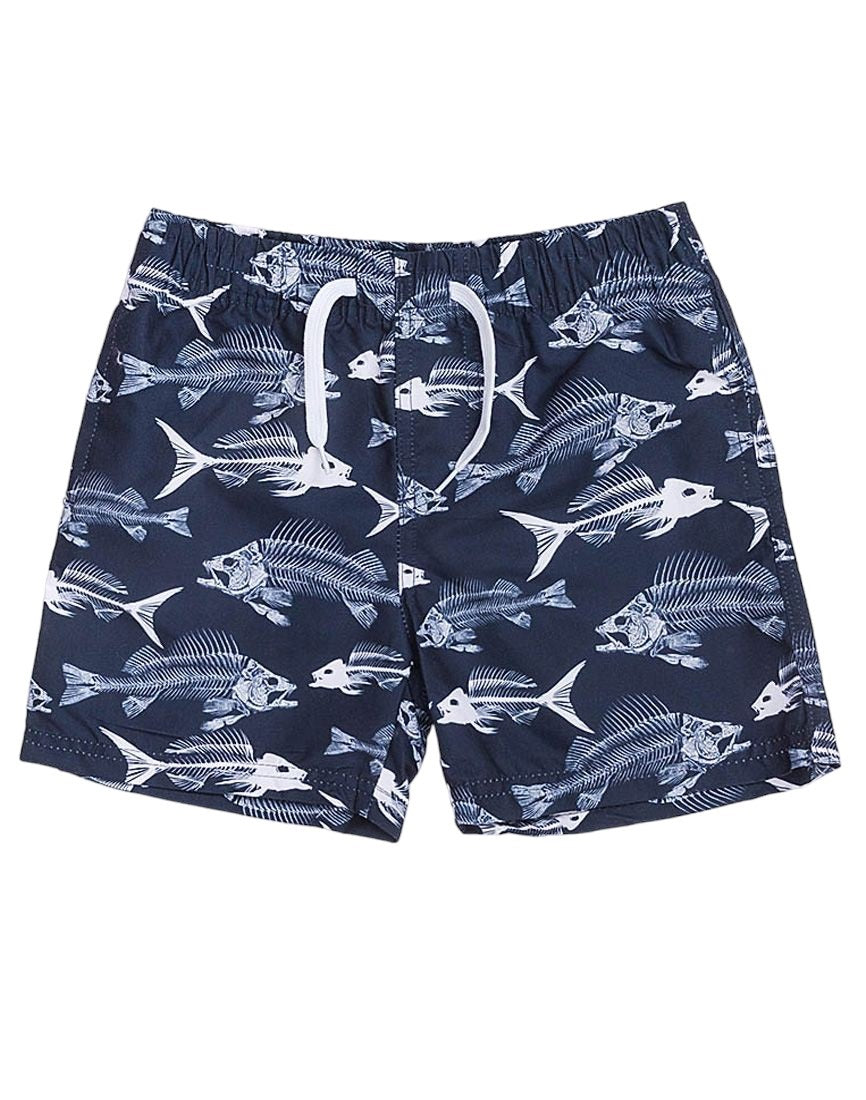 Boys Minoti Navy Fish Bone Print Swimming Shorts