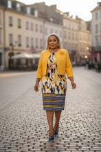 Load image into Gallery viewer, Ladies Yellow & Navy Multi Stripe Geometric Shortsleeve Dress & Jacket 2Pce Set