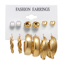 Load image into Gallery viewer, Ladies Gold Smooth Twist Hoop Faux Pearl Heart 6 Pair Earrings