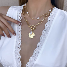 Load image into Gallery viewer, Ladies Gold Plated 2 Tier Layer Baroque Pearl Choker Thick Toggle Chain Necklace