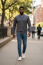 Load image into Gallery viewer, Mens Dark Grey Ombre Ribbed V-Neck Soft Knitted Jumper