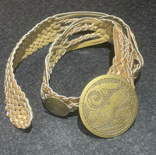 Load image into Gallery viewer, Ladies Gold Faux Leather Plaid Wide Brass Gold Round Pin Buckle Waist Woven Belt