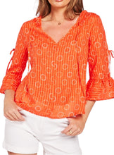 Load image into Gallery viewer, Ladies Orange Circular Print Open Tie Sleeve Cotton Tops
