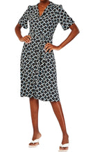 Load image into Gallery viewer, Ladies Black Multi Lapel Collared Print Belt Midi Dress