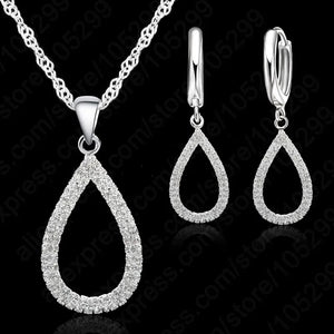 Ladies 925 Sterling Silver CZ Crystal Water Drop Necklace Set