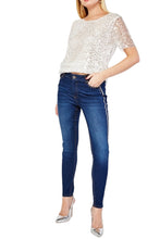 Load image into Gallery viewer, Ladies Blue Denim Mid Rise Stretchy Side Lurex Jeans