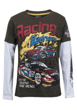 Load image into Gallery viewer, Boys Dark Olive Racing Print Layer Long Sleeve Cotton T-Shirt