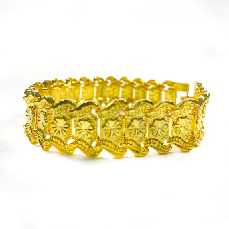 Mens Ladies Unisex 24K Gold Plated Wide Floral Carved Link Pattern Bracelets