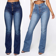 Load image into Gallery viewer, Ladies Blue Buttoned Front Stretchy Denim Straight Leg Jeans
