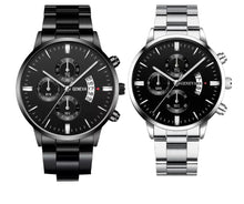 Load image into Gallery viewer, Mens Geneva Black Silver Stainless Steel Quartz Dial Analog Calendar Wrist Watch