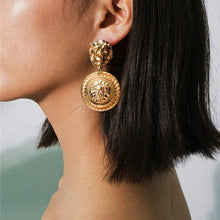 Load image into Gallery viewer, Lion Head Gold Plated Round Medusa Medallion Coin Earrings
