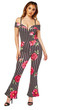 Load image into Gallery viewer, Ladies Black Multi Bold Floral Stripe Cold Adjustable Shoulder Jumpsuits