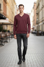 Load image into Gallery viewer, Mens Burgundy Soft Knitted Cotton Rich V-Neck Ribbed Long Sleeve Jumper