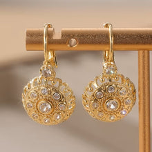 Load image into Gallery viewer, Ladies Gold Plated Round Floral Design White Synthetic Zirconia Hook Earrings.