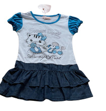 Load image into Gallery viewer, Girls Blue & White Sweet Doll Print Layered Frill Hem Cap Sleeve Plus Belt Dress