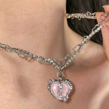 Load image into Gallery viewer, Ladies Silver Pink Heart Crystal Double Chain Rhinestone Necklace