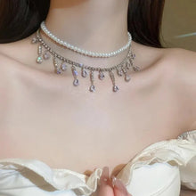 Load image into Gallery viewer, Ladies Silver Rhinestones Drop Crystals Choker Multi Layer Pearl 2Tier Necklaces
