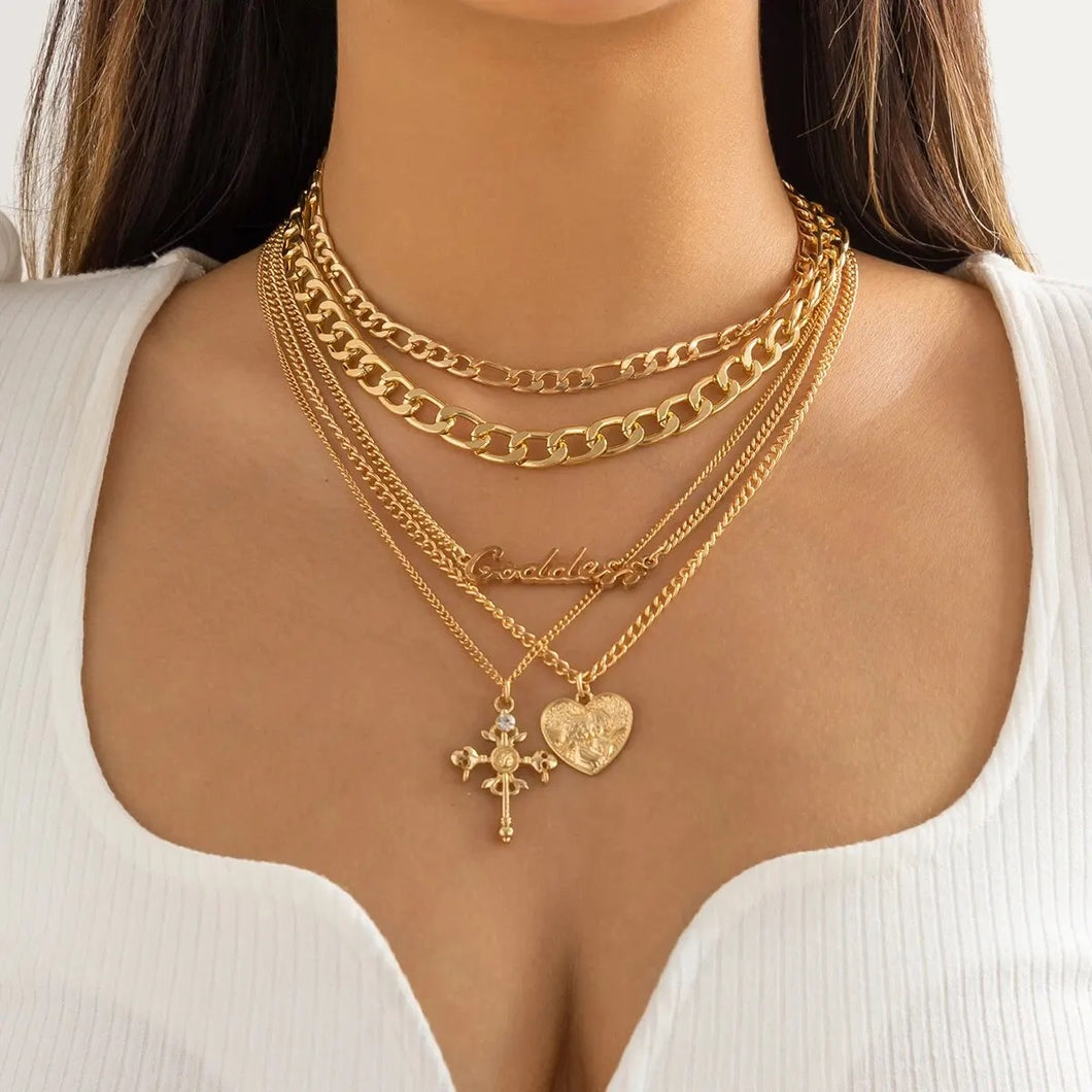 Ladies 18K Gold Plated Love Heart Cross Pendant Choker 5PC Necklace Sets