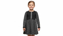 Load image into Gallery viewer, Girls Black & White Polka Dot & Stripe Crew Neck Button Skater Long Sleeve Dress