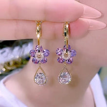 Load image into Gallery viewer, Ladies Purple Blue Crystal Flower Waterdrop Dangle Earrings