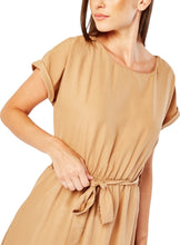 Load image into Gallery viewer, Ladies Beige Elasticated Waist Rolled Short Sleeve Belted Dress