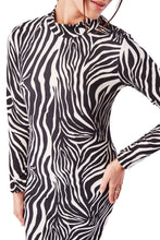 Load image into Gallery viewer, Ladies Black Cream Zebra Print High Neck Long Sleeve Dress
