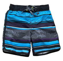 Load image into Gallery viewer, Boys Black Stripe Fish Print Surf Swim Trunks Swimming Shorts